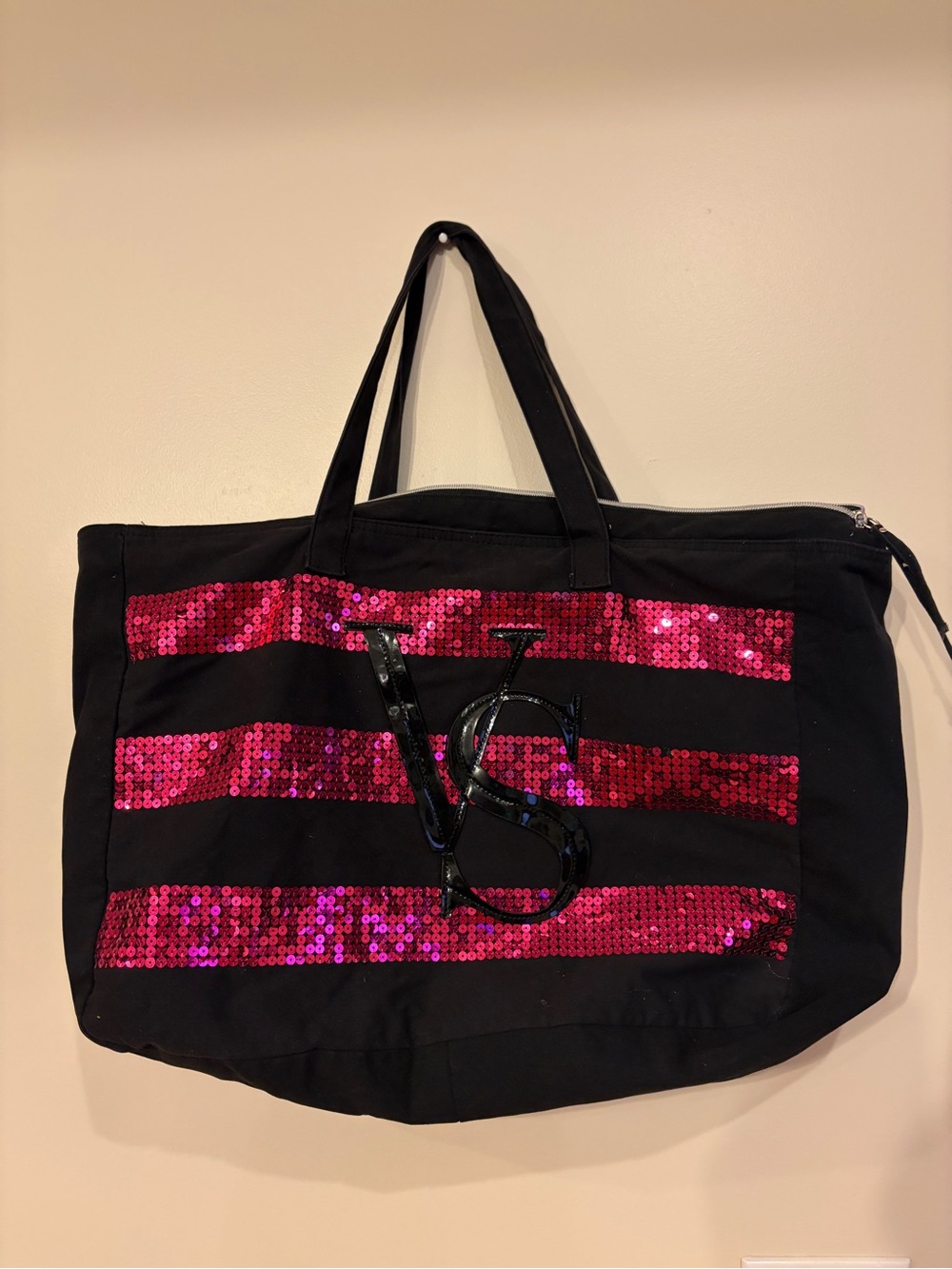 Victoria's Secret | Black Tote with Pink Sequin Stripes and Zipper